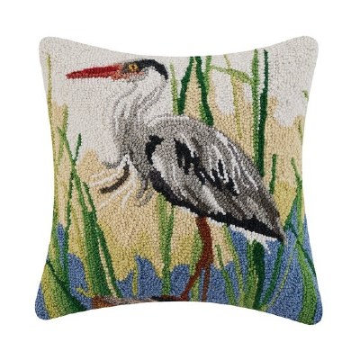 16" sq Great Blue Heron Decorative Hooked Pillow
