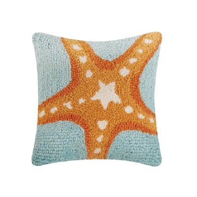 10" Sq Orange Starfish Decorative Hooked Pillow