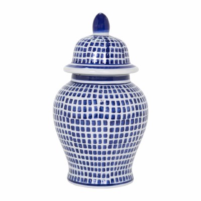 10" Blue and White Grid Ginger Jar