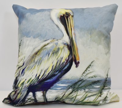 18" Sq Pelican on the Beach Decorative Indoor/Outdoor Pillow