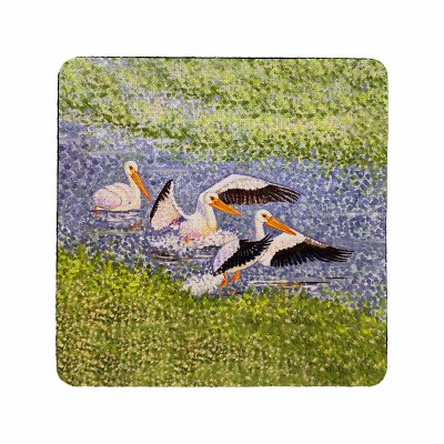 4" Sq White Pelicans Rubber Coaster