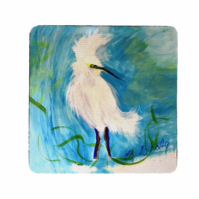 4" Sq White Egret on a Blue Background Rubber Coaster