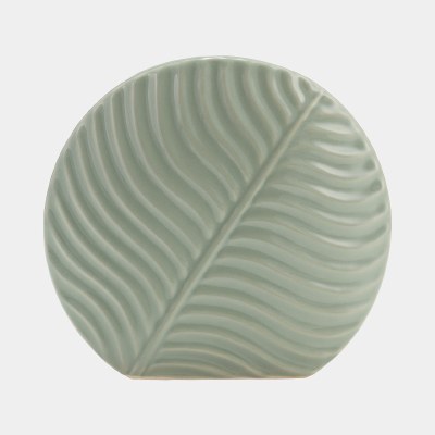 7" Green Flat Round Ceramic Leaf Vase