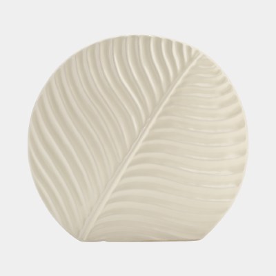11" White Round Flat Ceramic Leaf Vase