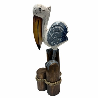 20" Blue and White Pelican on Wood Piling Statue