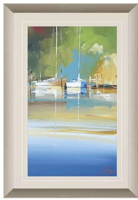 39" x 26" Boats Docked With a Light Blue and Green Sky Coastal Framed Print Under Glass
