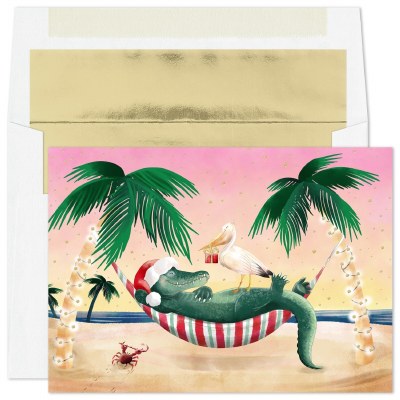 8" x 6" Box of 16 Alligator Laying in a Hammock Holiday Cards
