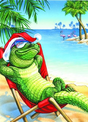Box of 16 6" x 8" Velvet Touch Alligator Relaxing in a Chair on the Beach Christmas Cards