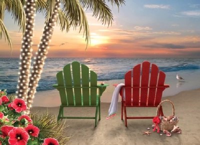 Box of 16 6" x 8" Velvet Touch Red and Green Beach Chairs Christmas Cards
