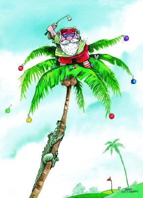 Box of 16 6" x 8" Velvet Touch Santa Golfing on a Palm Tree With an Alligator Christmas Cards