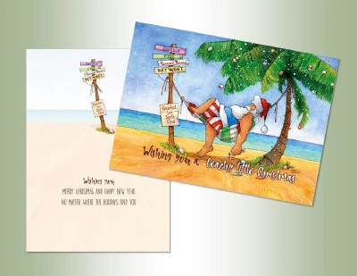 Box of 16 6" x 8" Velvet Touch Santa Laying in a Hammock on the Beach Christmas Cards