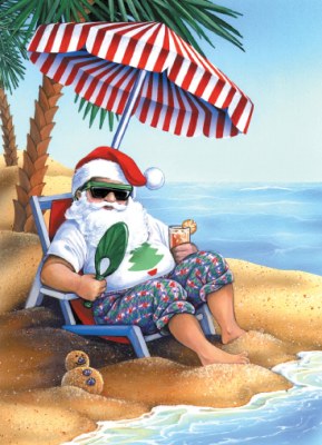 Box of 16 6" x 8" Lux Matte Finish Santa Sitting in a Beach Chair Christmas Cards