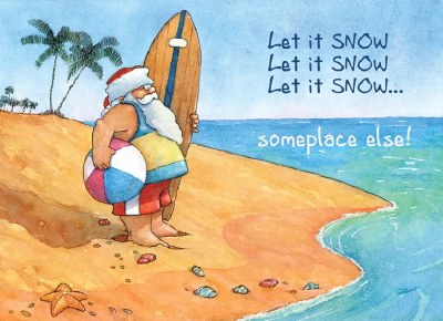 Box of 16 6" x 8" Velvet Touch "Let it Snow Someplace Else!" Santa on the Beach Christmas Cards