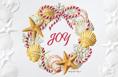 Box of 16 5" x 8" "Joy" Shell Wreath Christmas Cards
