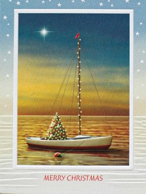 Box of 10 6" x 4" Sailboat With a Christmas Tree on the Water Christmas Cards