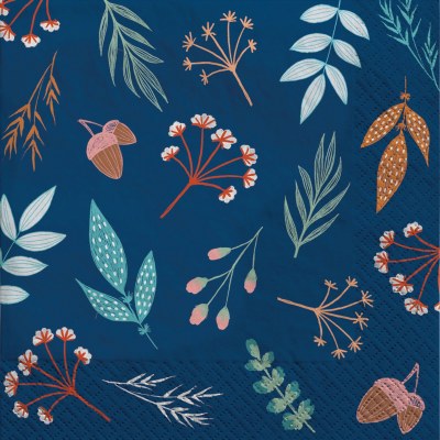 Pack of 40 5" Square Navy Fall Leaves Beverage Napkins