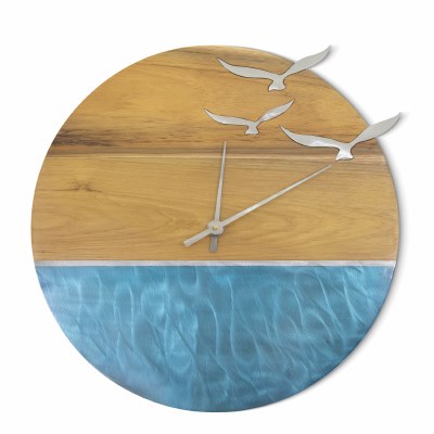 18" Round Stainless Steel and Wood Seagulls Flying Over the Ocean Coastal Metal Wall Clock MM705