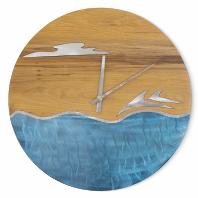 18" Round Stainless Steel and Wood Dolphins in the Ocean Coastal Metal Wall Clock MM706
