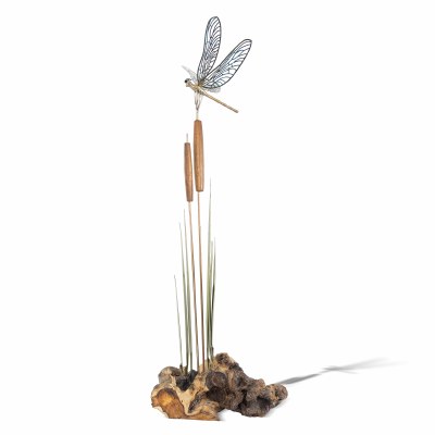 28" Stainless Steel and Wood Dragonfly With Cattails Metal Scultpture