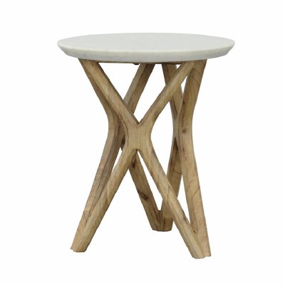 16" Round White Marble Top and Wood Leg End Table