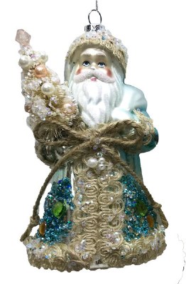 Light Blue Coastal Bling Santa Coastal Glass Ornament