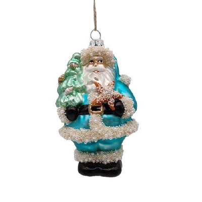 Blue Santa Holding a Starfish Coastal Glass Ornament