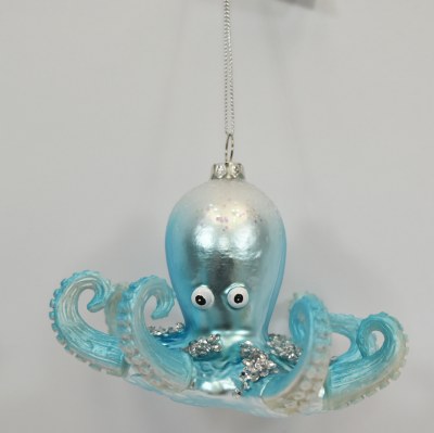 5" Silver and Blue Octopus Coastal Glass Ornament