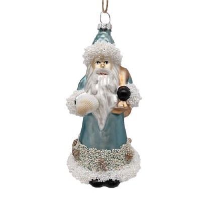 Blue Santa Holding Shells Coastal Glass Ornament