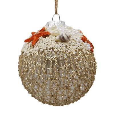 Gold Ball Netted With Sand and Shells Coastal Ornament