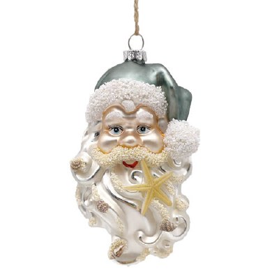 Blue Santa Head With Shells in His Beard Coastal Glass Ornament