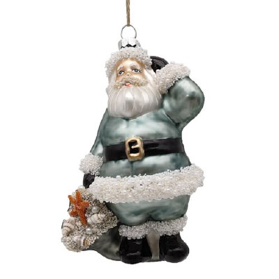 Blue Santa Holding a Bag of Shells Coastal Glass Ornament