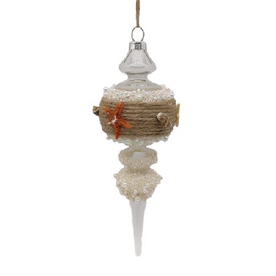 Clear Teardrop With Sand and Shells Coastal Glass Ornament