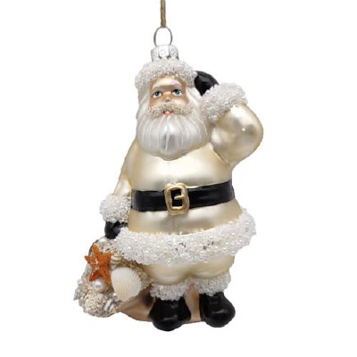 Light Gold Santa Holding a Shell Bag Coastal Glass Ornament