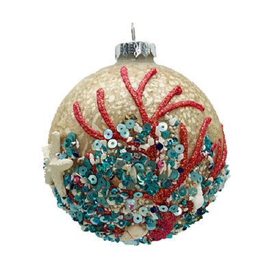 Light Gold Ball With Red Coral Coastal Glass Ornament
