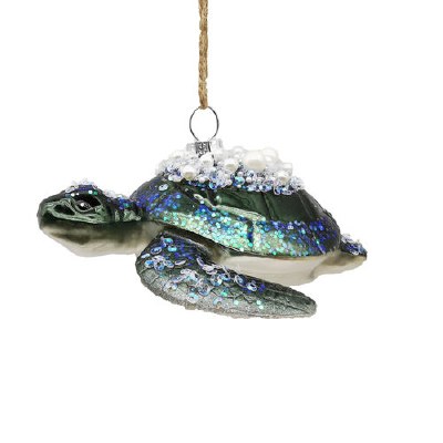 Blue Sea Turtle With Beads Coastal Glass Ornament