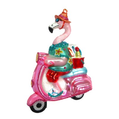Flamingo Riding on a Scooter Coastal Glass Ornament