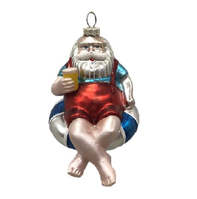 Santa Sitting in a Float Holding a Drink Coastal Glass Ornament