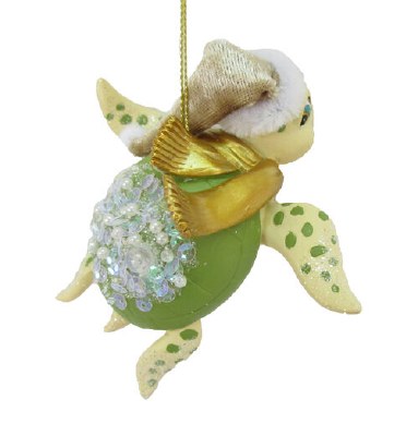 Light Green Sea Turtle Wearing a Hat Coastal Polyresin Ornament