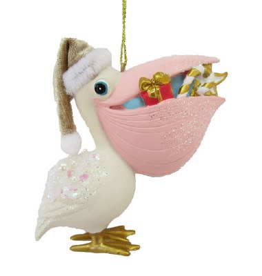 White Pelican Wearing a Hat With Gifts Coastal Polyresin Ornament