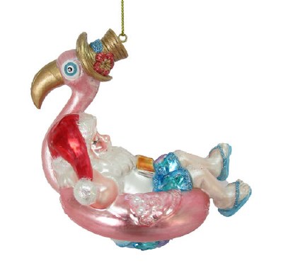 Santa Sitting in a Flamingo Float Coastal Polyresin Ornament