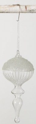 8" Clear White Lines Glass Drop Ornament