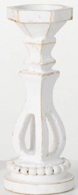 13" Distressed White Wood Beaded Pillar Candleholder