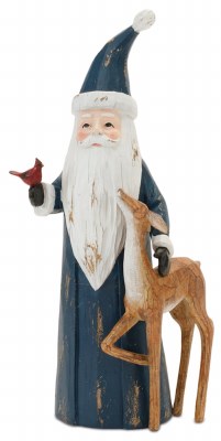 12" Blue Polyresin Santa With a Deer and Cardinal
