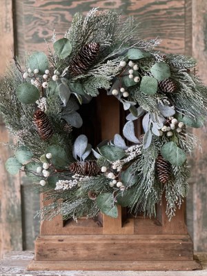 22" Round Faux White Berries and Frost Pine Wreath