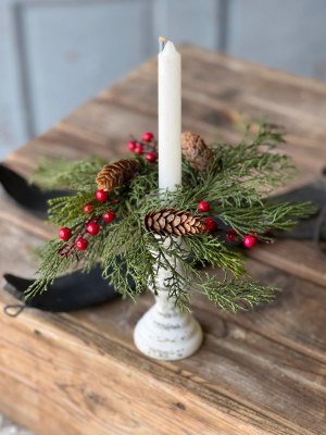 2" Opening Faux Alpine and Red Berries Candle Ring