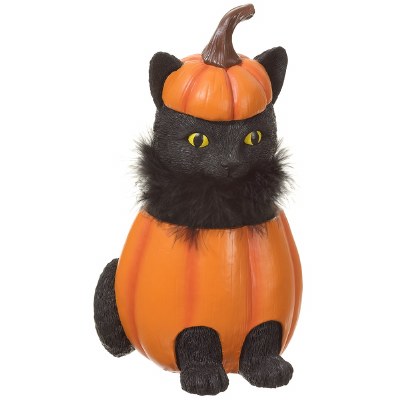 11" Black Cat in a Pumpkin Figurine