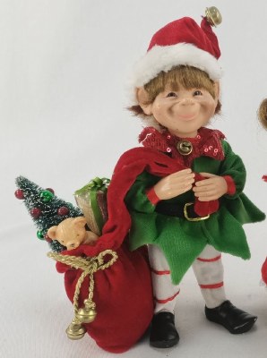 9" Boy Elf Wearing a Red and Green Shirt Holding a Sack of Presents