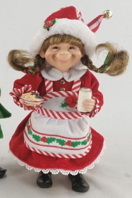 9" Girl Elf Wearing a Red and White Dress Holding Cookies