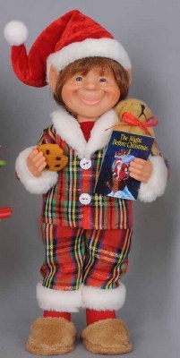 10" Elf Wearing Red Plaid Pajamas Holding a Book