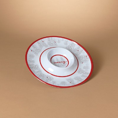 15" Round Red and White "Merry" Chip and Dip Dish